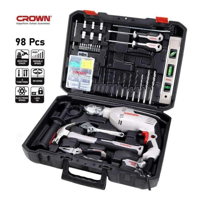 Caisse à Outils 98 Pièces avec Perceuse 13mm 600W Crown – Image 2