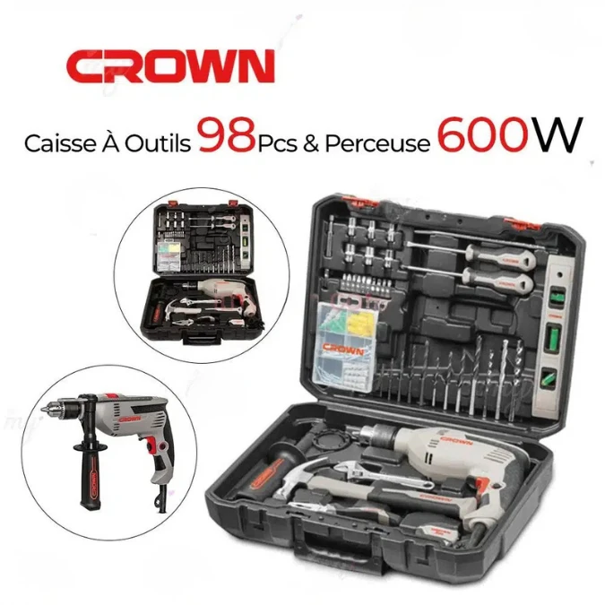 Caisse à Outils 98 Pièces avec Perceuse 13mm 600W Crown – Image 4